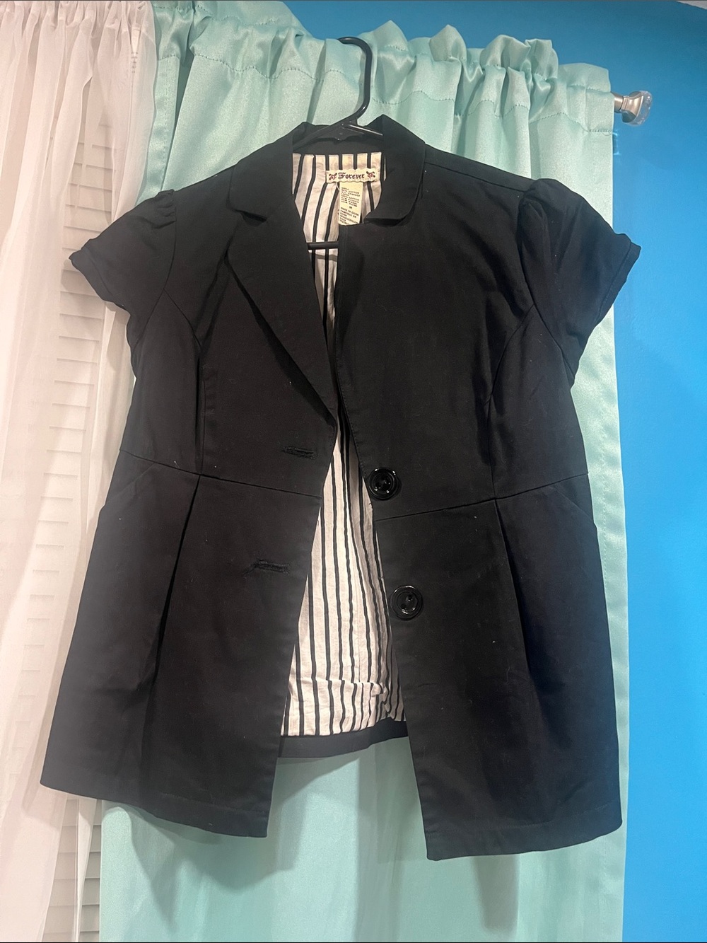 Forever 21 Black Short-Sleeve Tailored Blazer with Striped Lining
